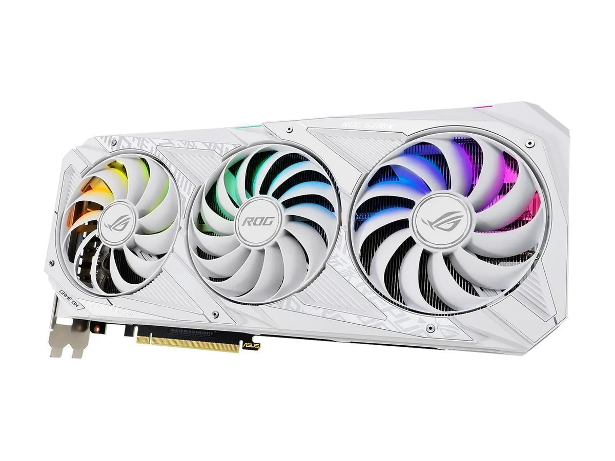 White triple-fan graphics card with silver accents
