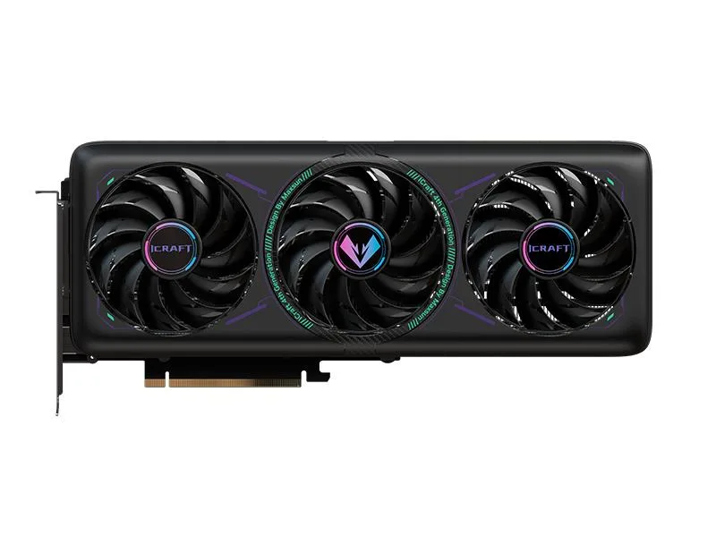 White triple-fan graphics card with silver accents and angular shroud