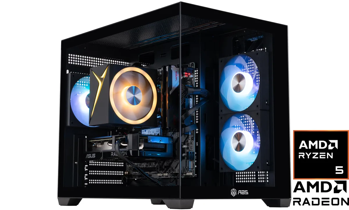 Mid-tower PC with tempered glass side panel, RGB lighting visible inside
