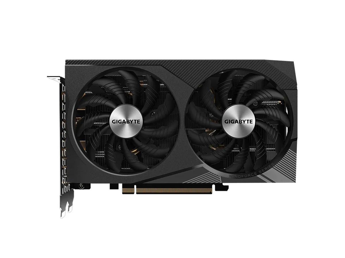 Black dual-fan graphics card, compact 200mm length