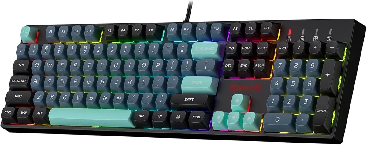Full-size wired gaming keyboard with mixed-colour round PBT keycaps and RGB backlighting