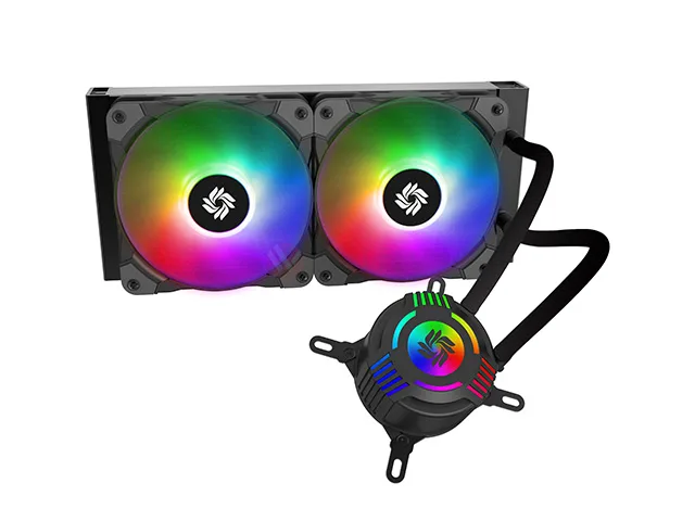Black 240 mm AIO liquid cooler with dual 120 mm ARGB fans and square pump block