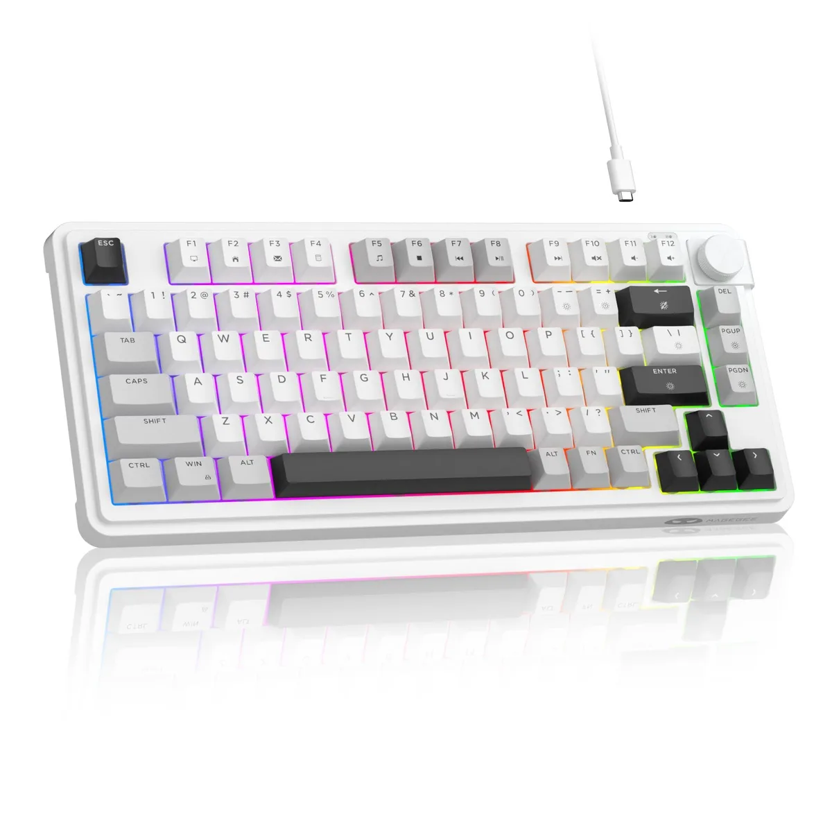 White compact 80-key wired keyboard with volume knob and RGB backlighting