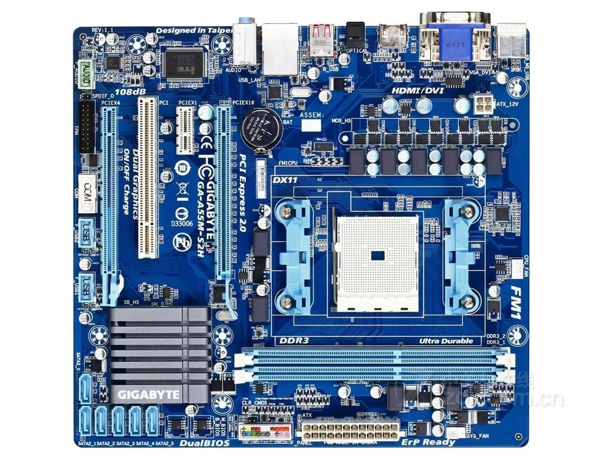 Green micro-ATX board with two DDR3 slots, one PCIe x16, one PCIe x4 and one PCIe x1 slot, black I/O shield included