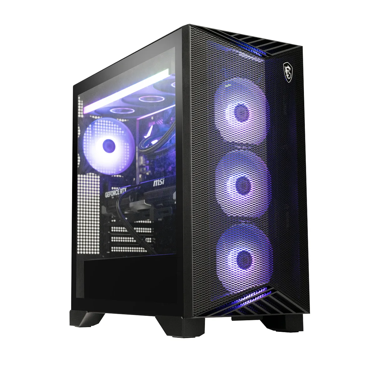 Black mid-tower gaming desktop with liquid cooling, keyboard and mouse