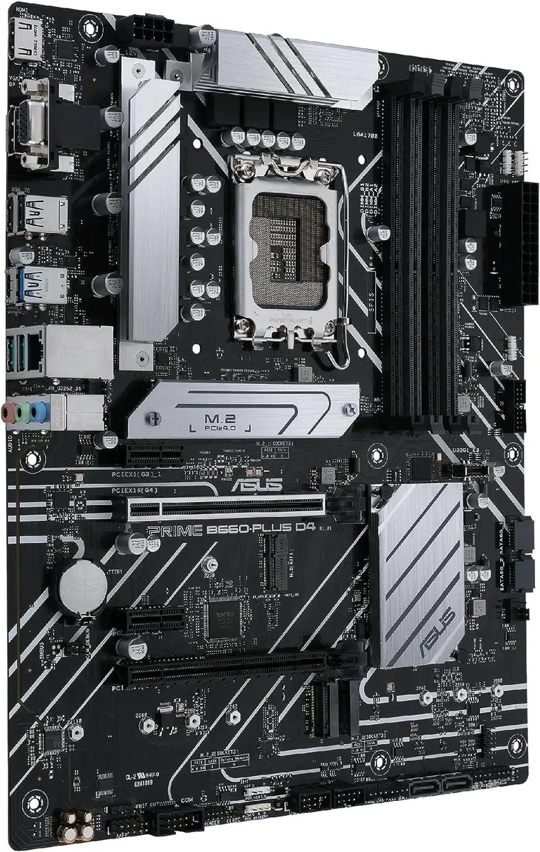 Rectangular ATX motherboard, dark PCB with silver heatsinks and LGA 1700 socket