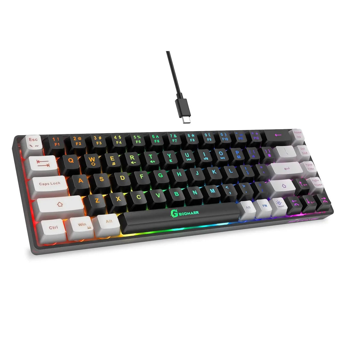 Compact 65 percent wired gaming keyboard black and gray keycaps detachable USB-C cable LED backlighting