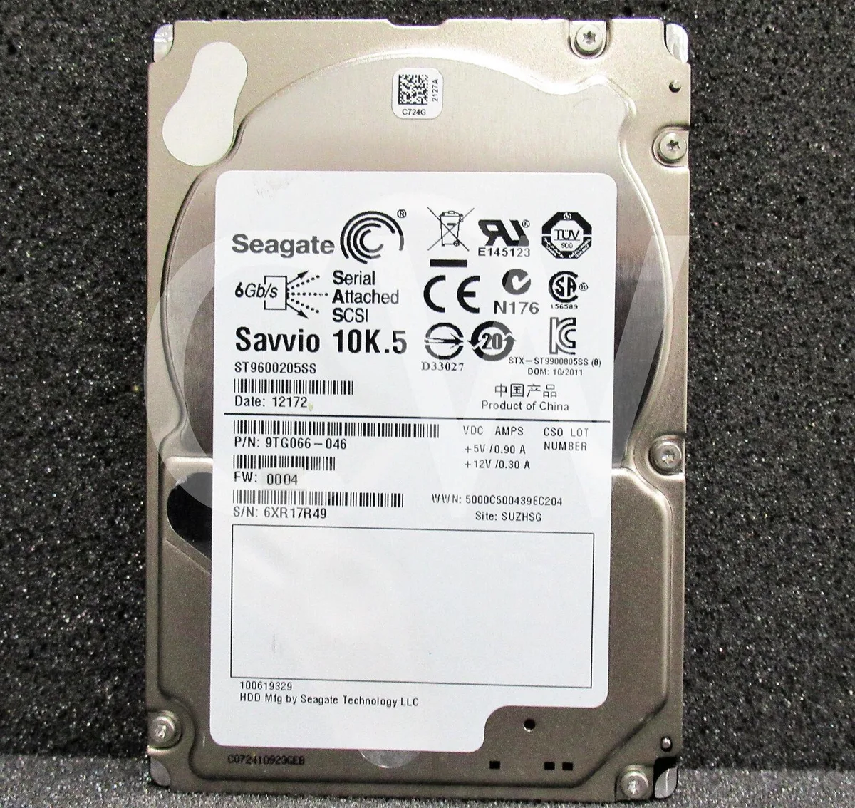 Small silver 2.5 inch SAS hard drive with label showing model ST9600205SS 600GB 10000RPM