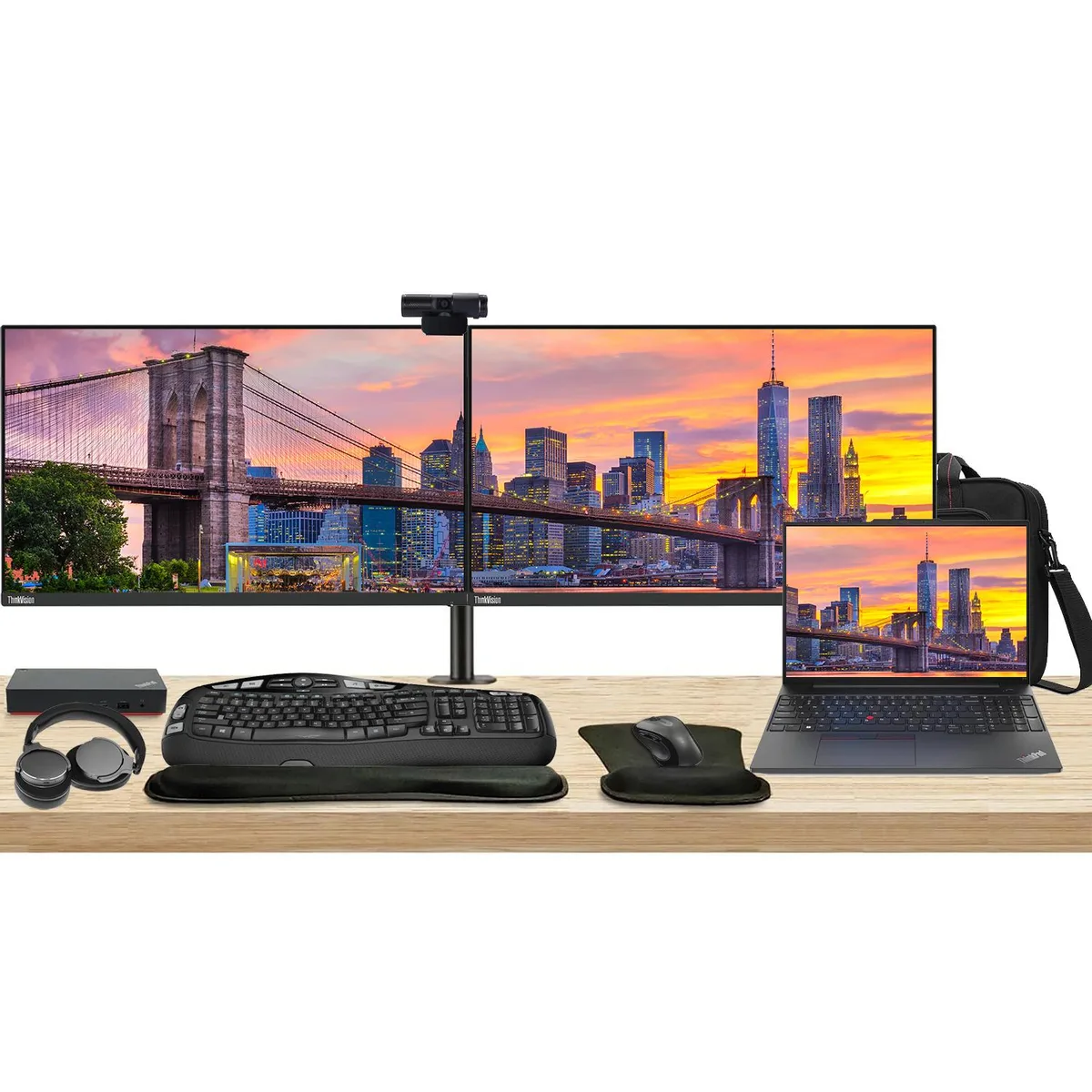 Lenovo E16 16 inch laptop with dual 27 inch ThinkVision monitors on adjustable stand, USB-C dock, wireless keyboard and mouse, webcam