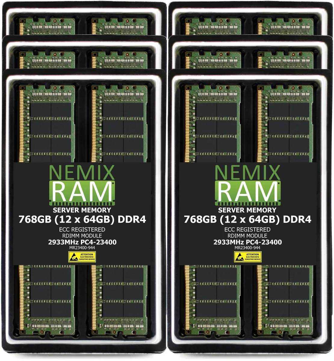 Twelve green DDR4 RDIMM sticks with black heat spreaders in a row