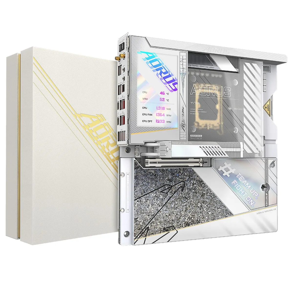 White E-ATX motherboard with silver heatsinks and rear I/O shield