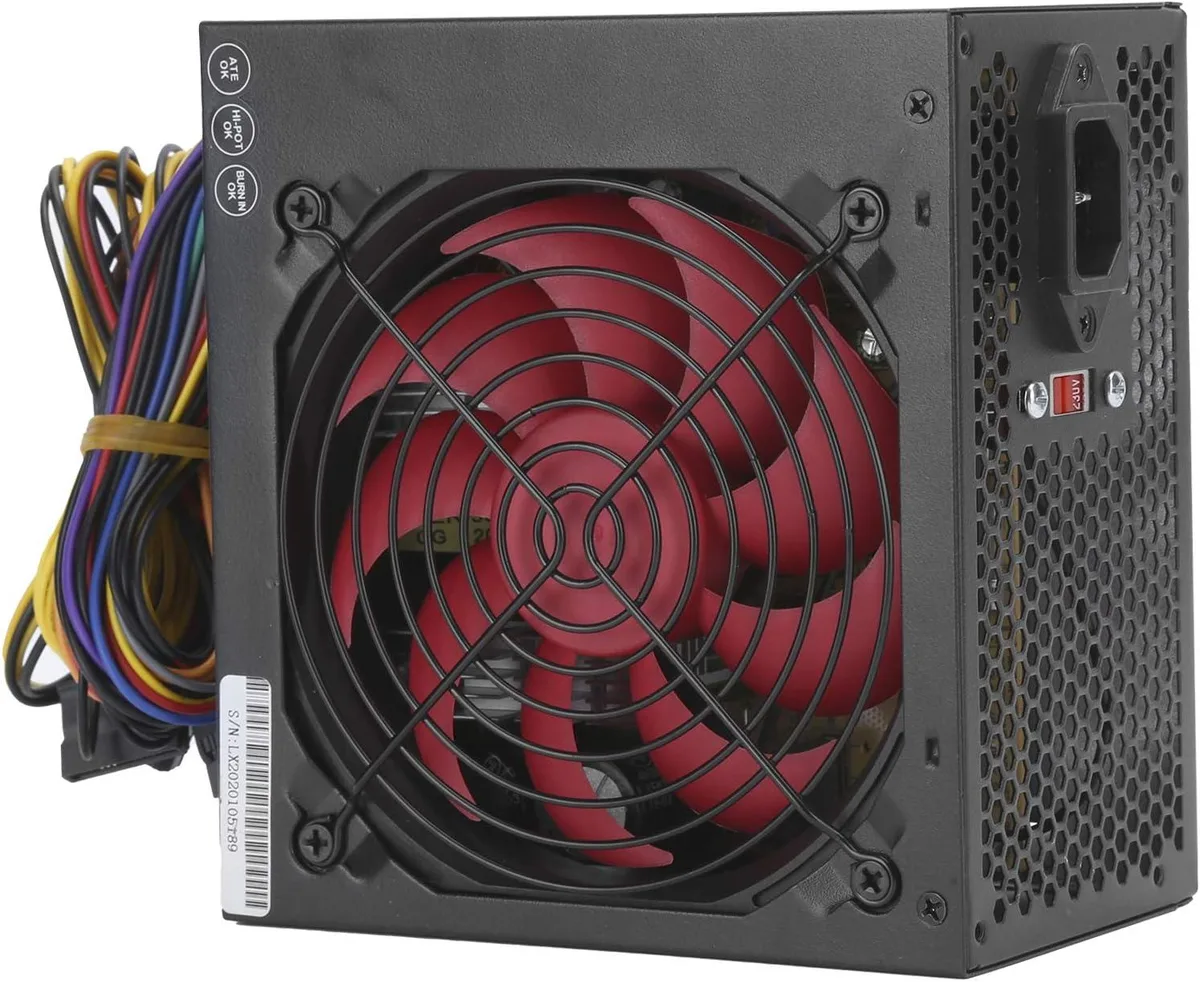 Red rectangular ATX power supply unit with visible cooling fan and cable bundle