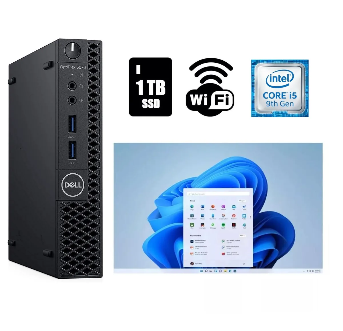 Small black micro desktop tower with power adapter and USB Wi-Fi adapter