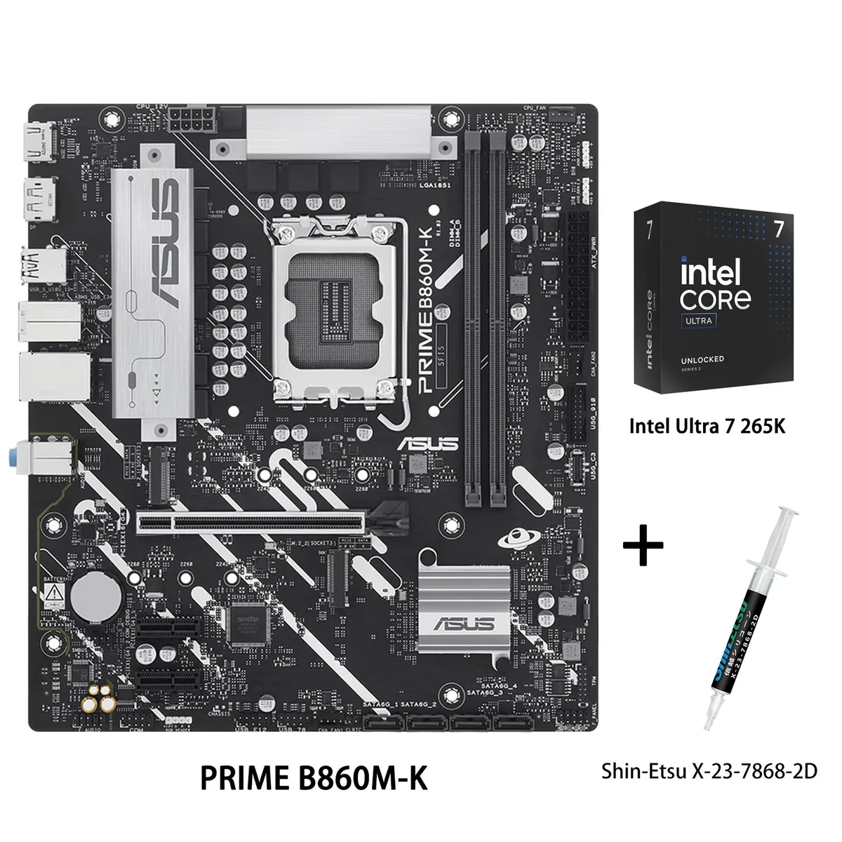 ASUS PRIME B860M-K micro-ATX motherboard with Intel Ultra 7 265K CPU and Shin-Etsu X-23-7868-2D thermal paste tube