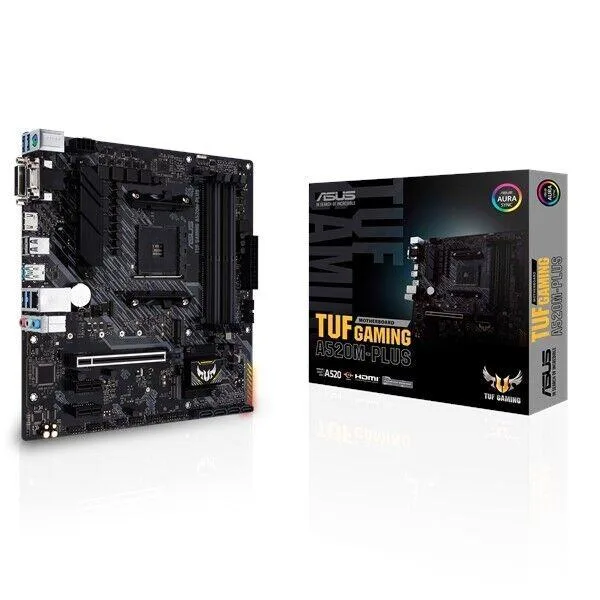 Micro-ATX board in dark grey with yellow accents, AM4 socket, DDR4 slots, M.2 and SATA connectors