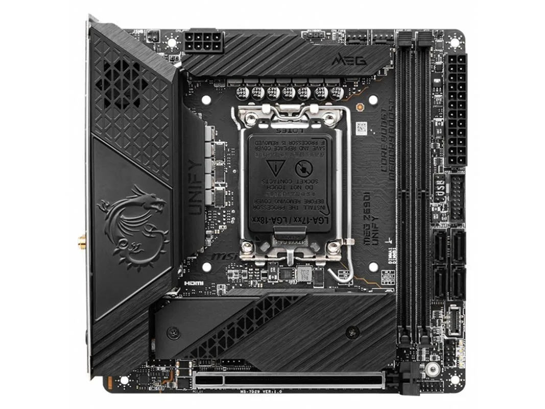 Dark rectangular Mini-ITX motherboard with black PCB, silver heatsinks and LGA 1700 socket