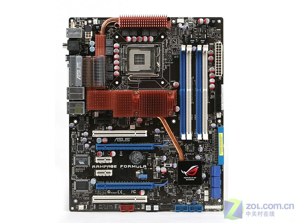 ATX motherboard in dark finish with LGA 775 socket and DDR2 slots