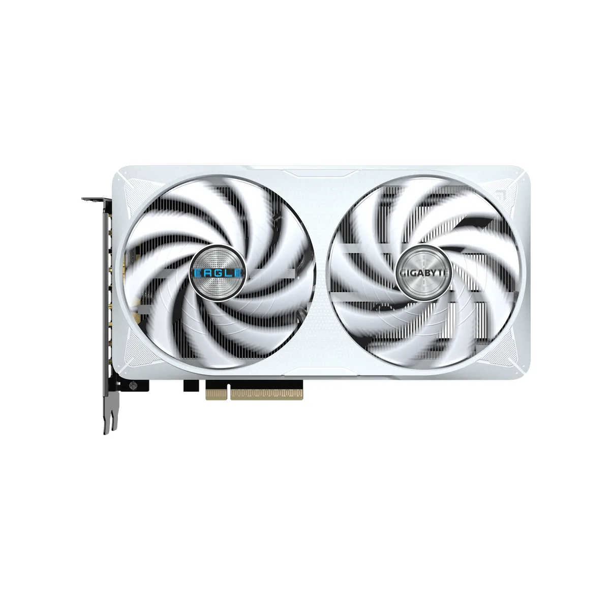 White dual-fan ATX graphics card, 215 mm long, 2-slot design