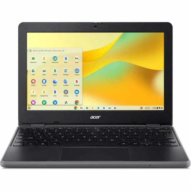 Black clamshell Chromebook with 11.6 inch touchscreen display