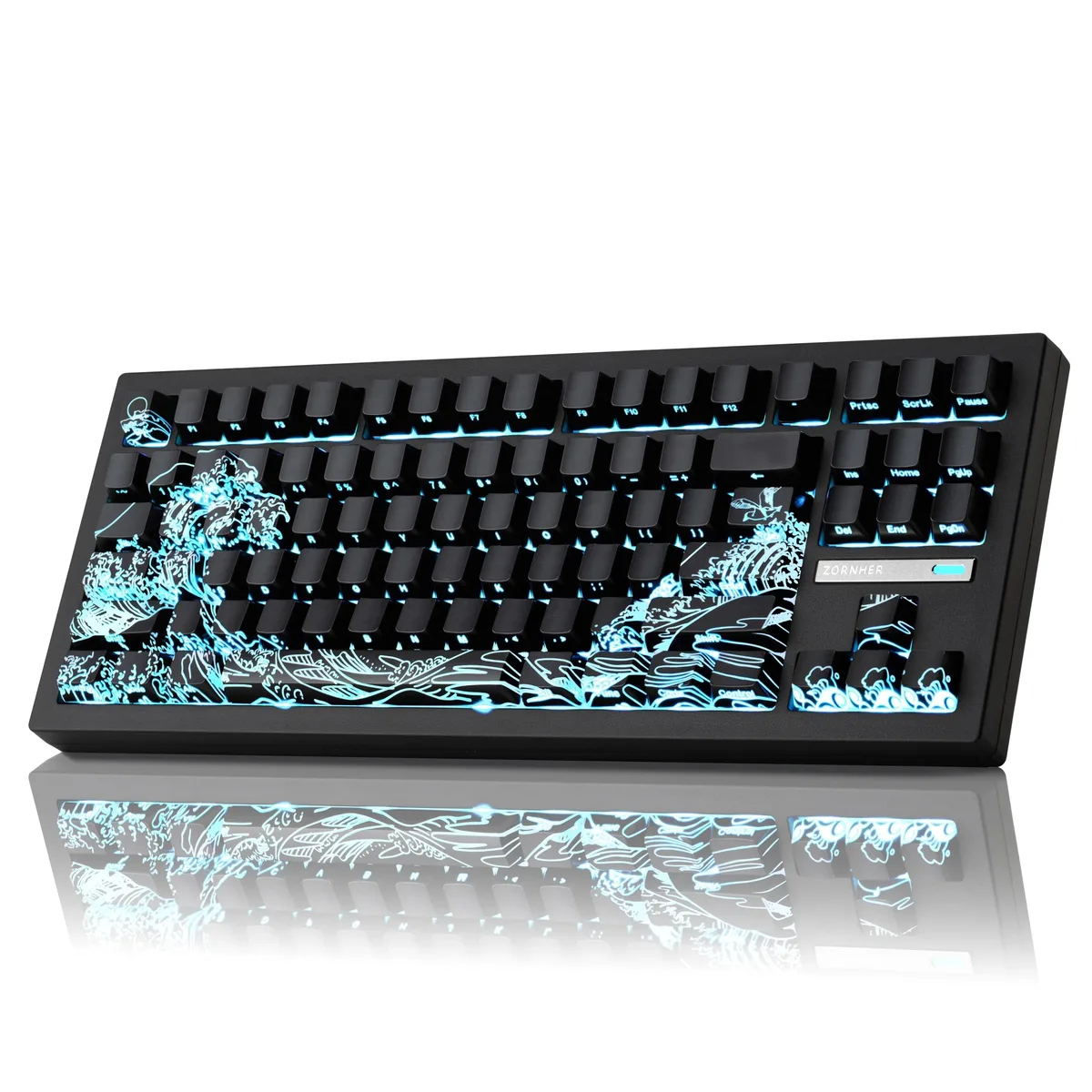 ZORNHER ZH870 80% wireless mechanical keyboard in Wave of Kanagawa design with Japanese-themed PBT keycaps, RGB backlighting