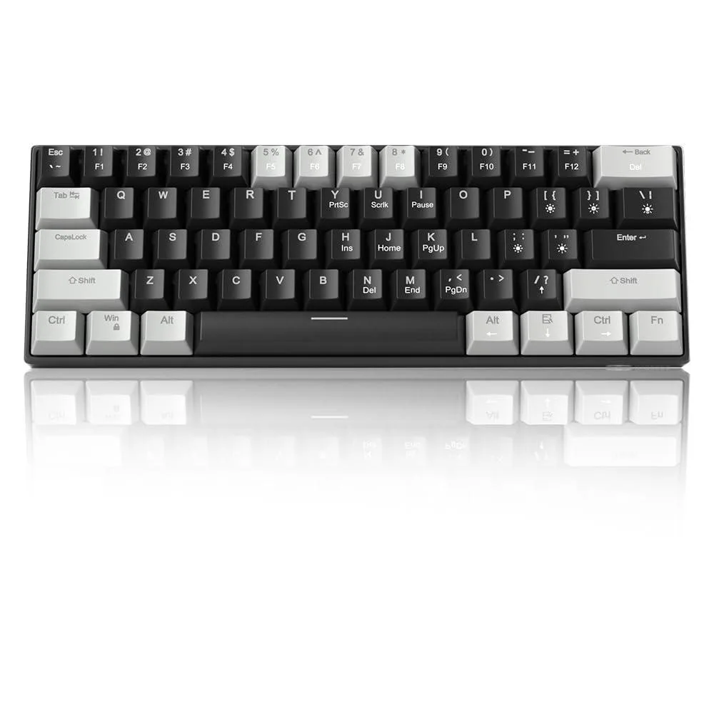 Compact grey and black 60% mechanical keyboard with mixed colour keycaps and blue backlighting