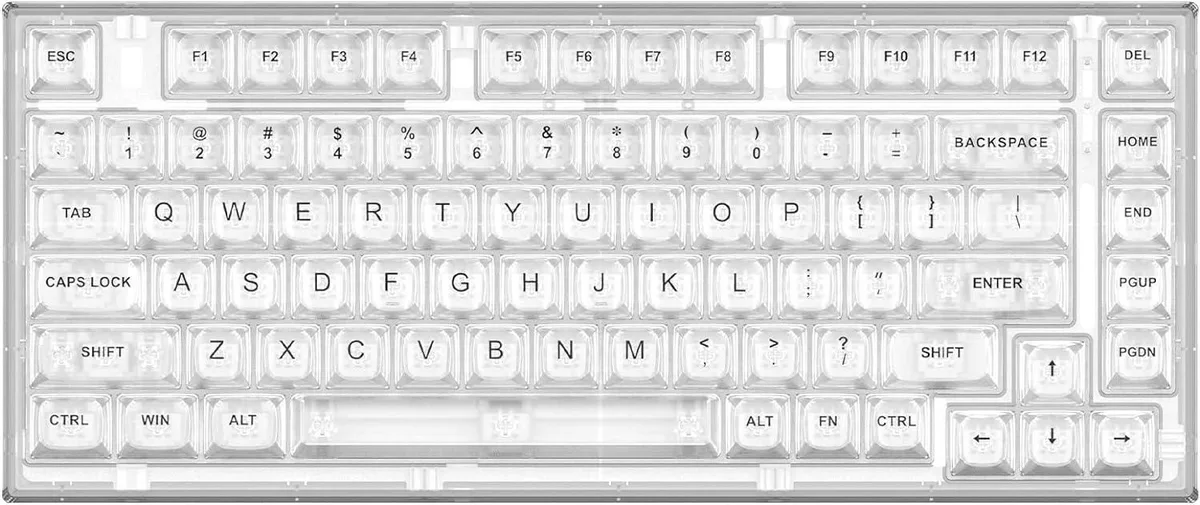 Compact 82-key wireless mechanical keyboard in transparent white with visible RGB lighting