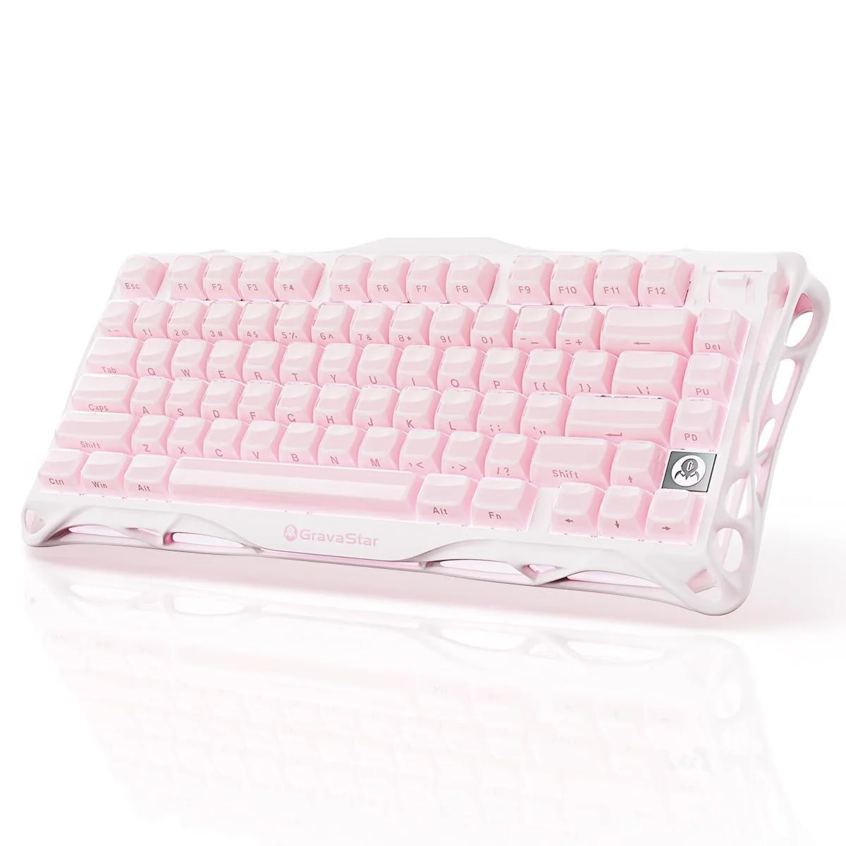 Pink aluminum gaming keyboard, 75 percent layout, gasket mounted, RGB backlighting
