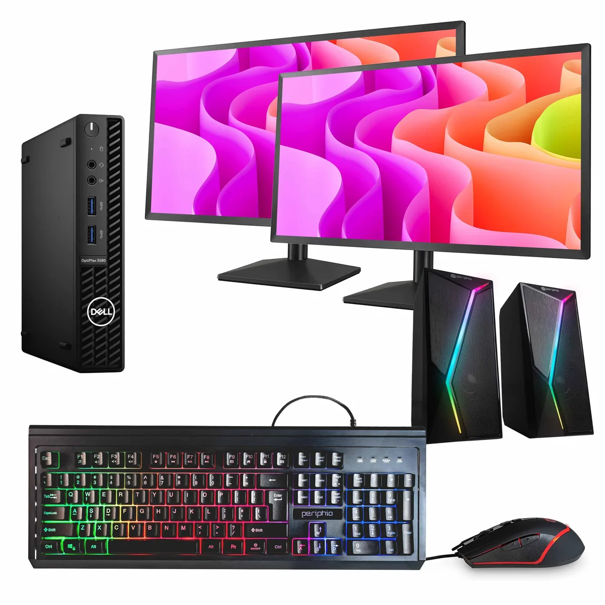 Black Dell OptiPlex 3080 Mini PC tower with dual 24 inch monitors, wired keyboard, mouse and RGB speaker