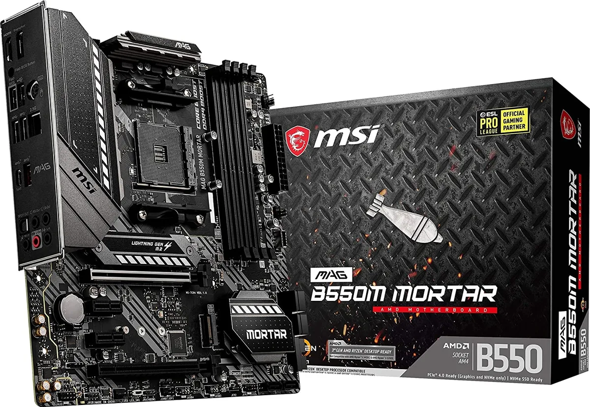 Dark green Micro-ATX board with extended silver heatsinks and pre-fitted I/O shield