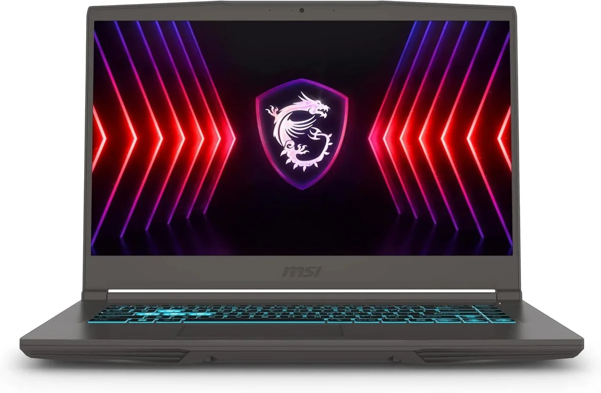 Black 15.6 inch gaming laptop with thin profile and backlit keyboard