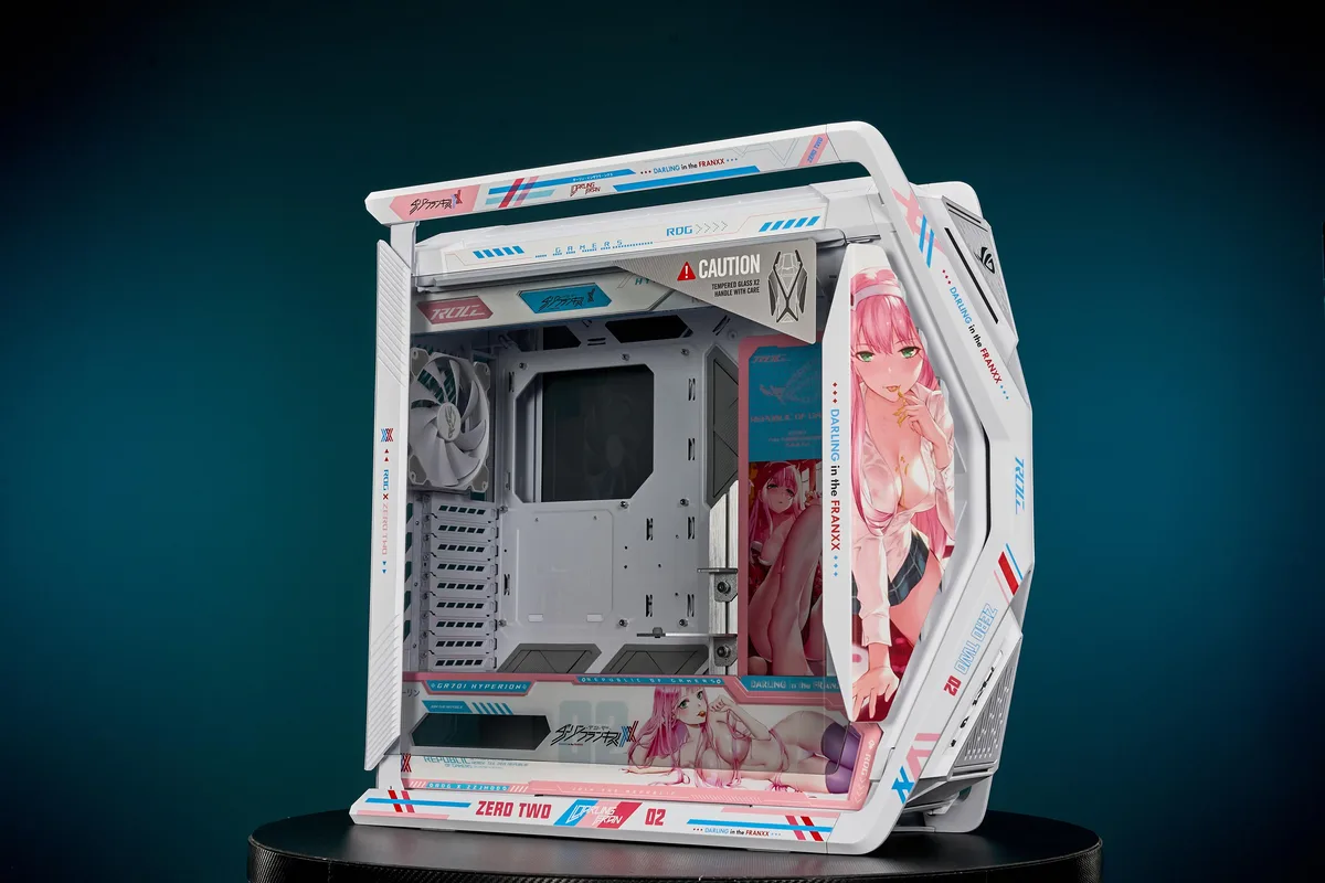 Full-tower E-ATX case with dual tempered-glass panels and Darling in the FranXX 02 artwork