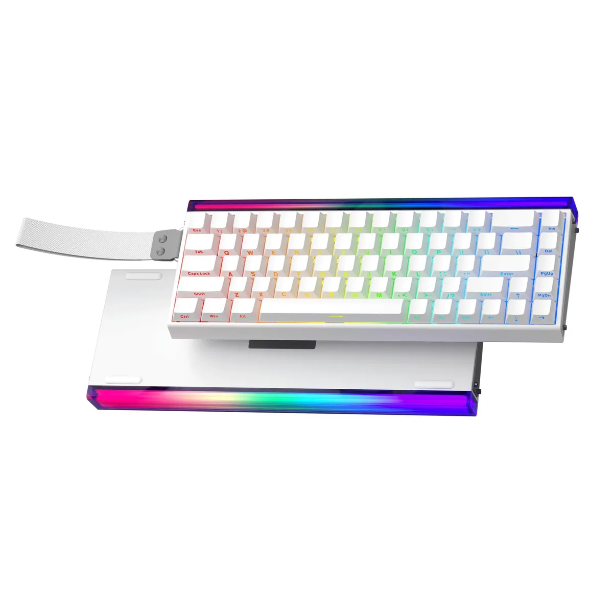 White 65 percent gaming keyboard with 68 keys and RGB backlighting