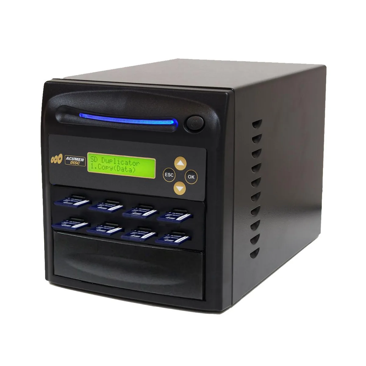 Standalone SD and microSD duplicator with one source slot and seven target slots, 20x2 LCD, silver chassis