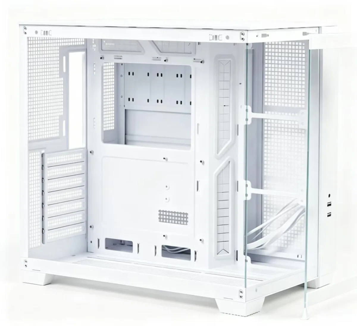 White mid-tower PC case with tempered glass side panel and front Type-C ports