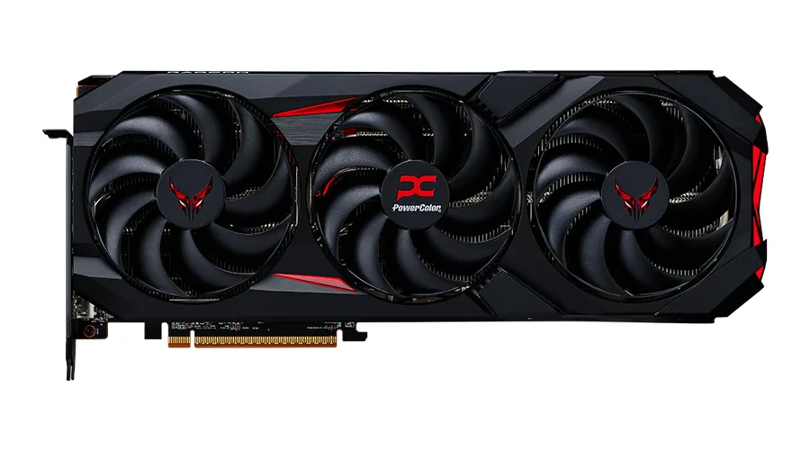 Black triple-fan graphics card with angular red accents, three-slot metal backplate, two eight-pin power connectors, one HDMI and