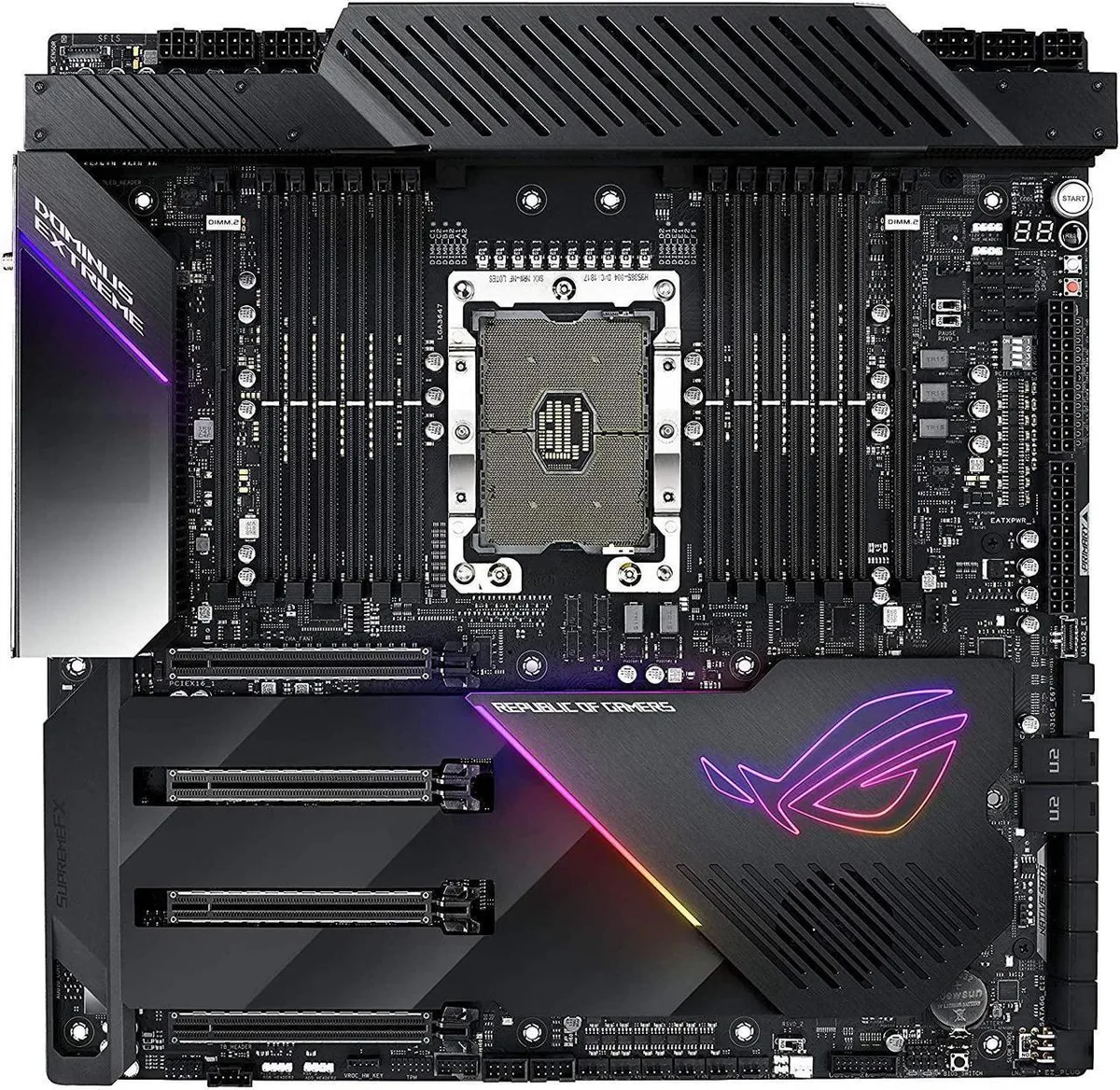 Large EEB motherboard with twelve memory sockets and four full-length PCIe slots, dark metallic finish with angular heatsinks
