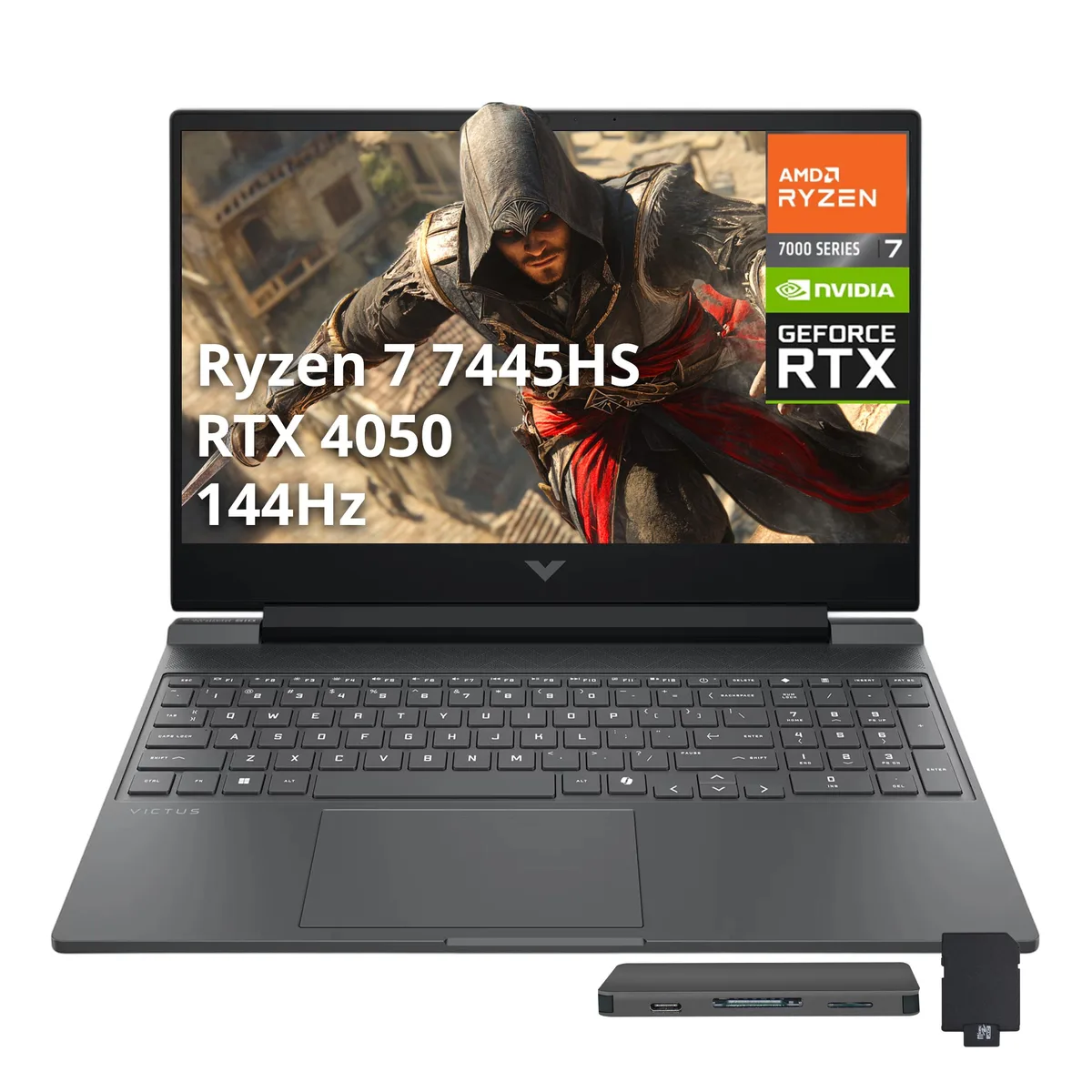 Silver gaming laptop with 15.6 inch screen and backlit keyboard