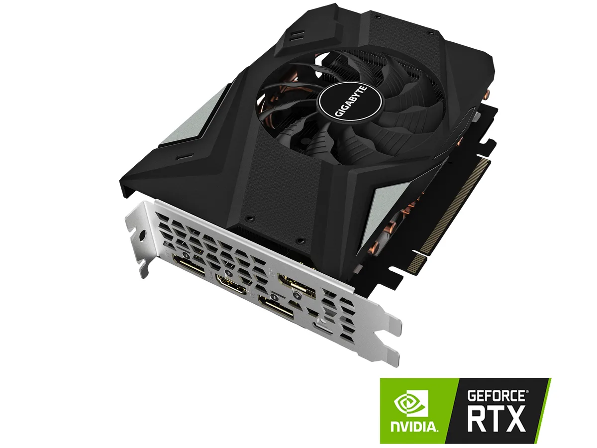 Compact black graphics card, single 90mm fan, metal backplate, short dual-slot PCB