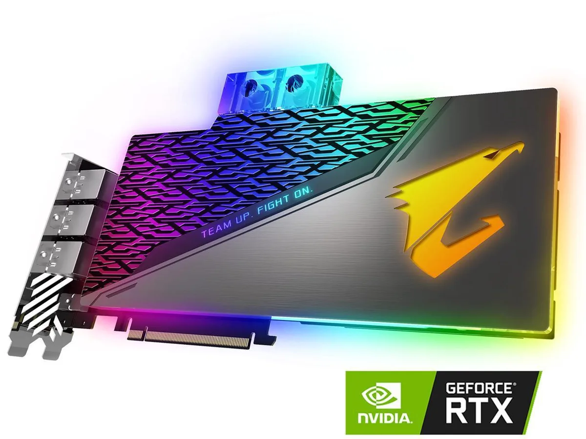A full-length graphics card with a silver water block, black metal backplate and illuminated AORUS logo