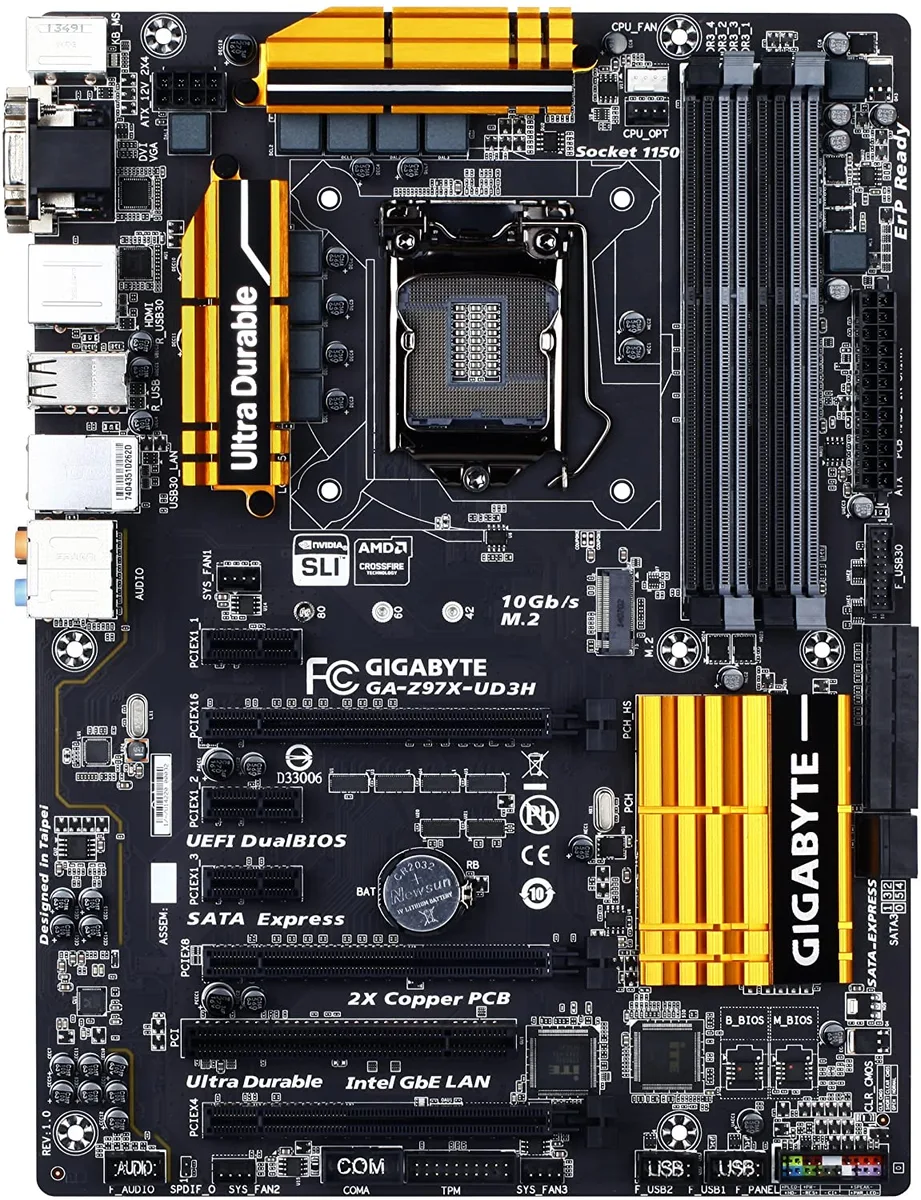 Black ATX motherboard with silver heatsinks and rear I/O shield