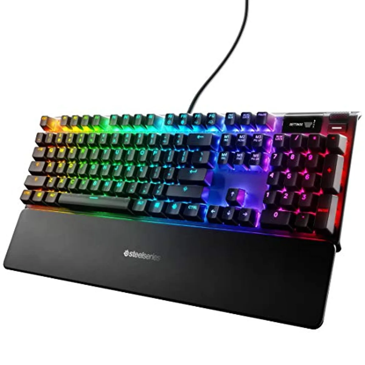Black aluminium mechanical keyboard with OLED display, RGB lighting, magnetic wrist rest and media controls