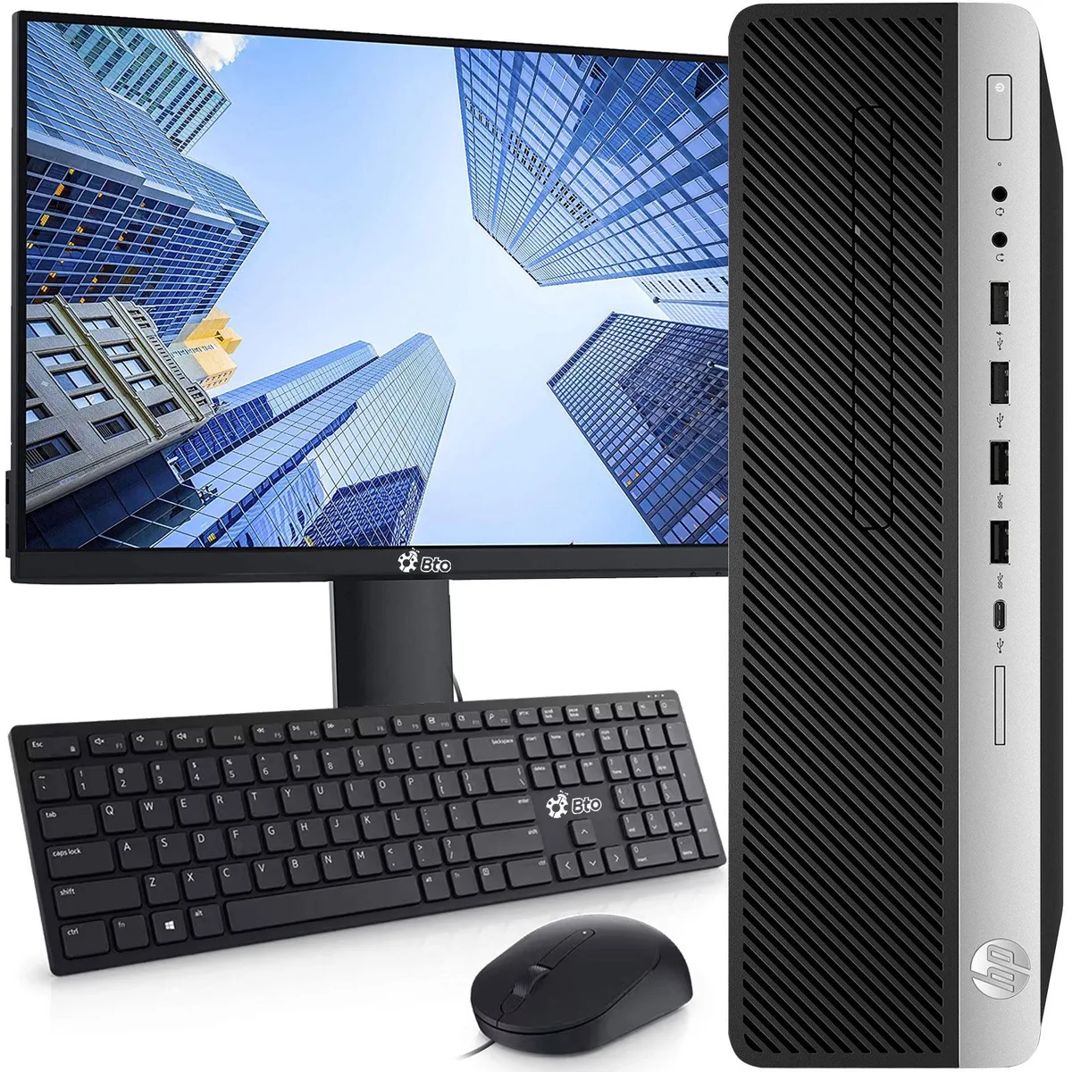 Black small-form-factor HP 600 G3 tower with 19-inch monitor keyboard mouse