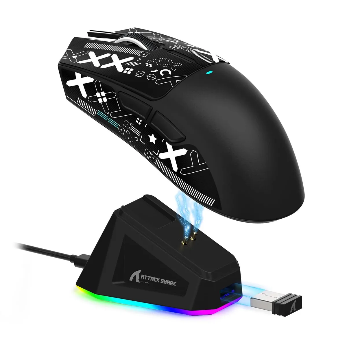 Black lightweight wireless gaming mouse with RGB charging dock