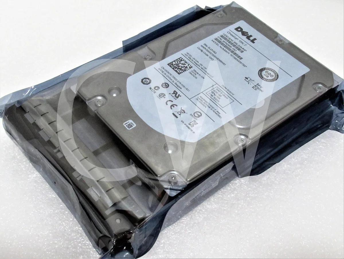 Silver 3.5 inch SAS hard drive in a black server caddy tray