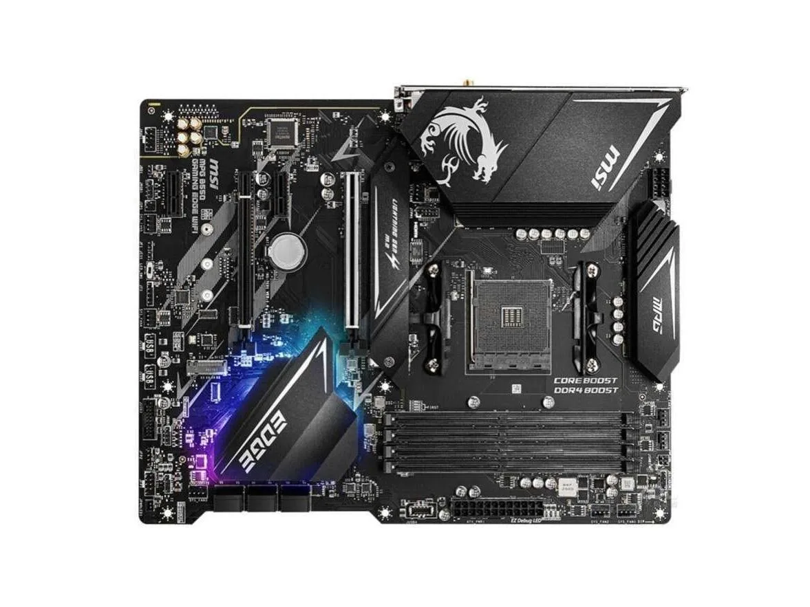 Black ATX motherboard with silver heatsinks and a white Gaming Edge logo on the chipset cover