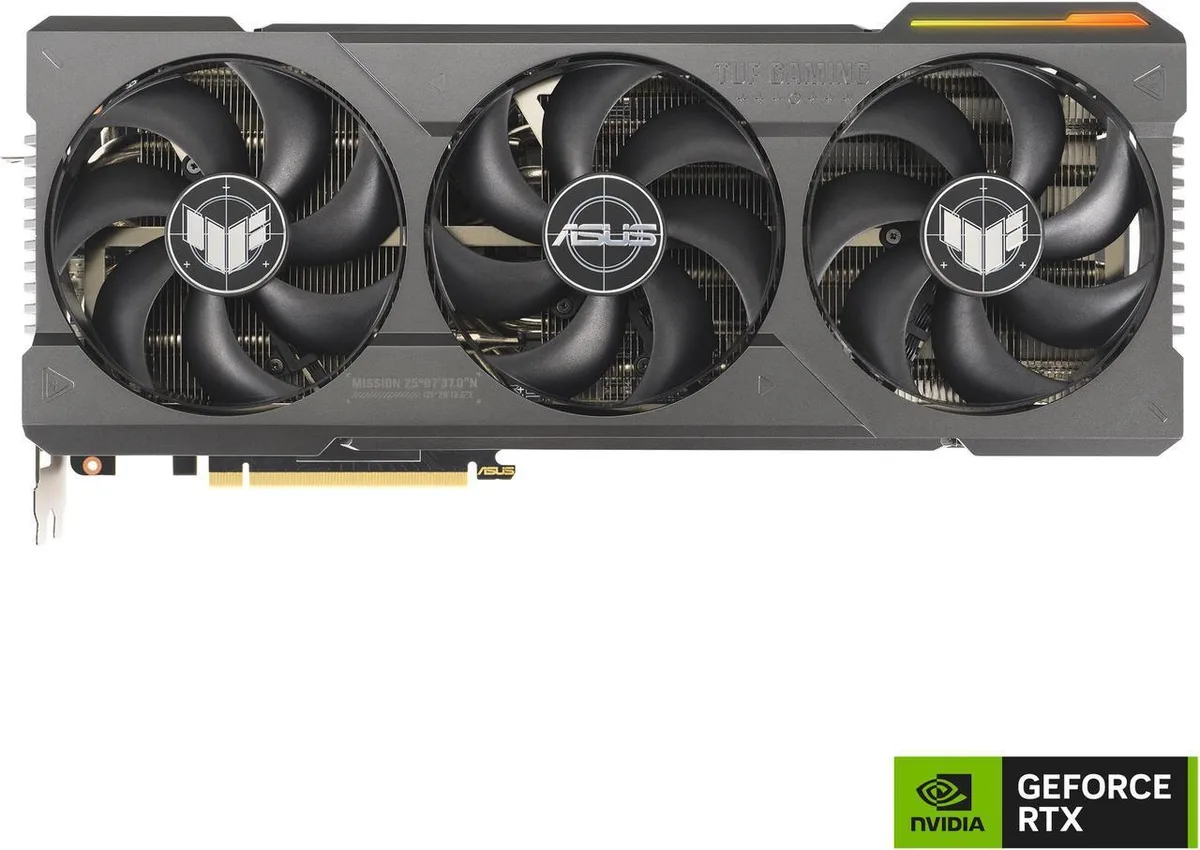 ASUS TUF Gaming RTX 4080 SUPER OC Edition graphics card with three axial fans and metal exoskeleton