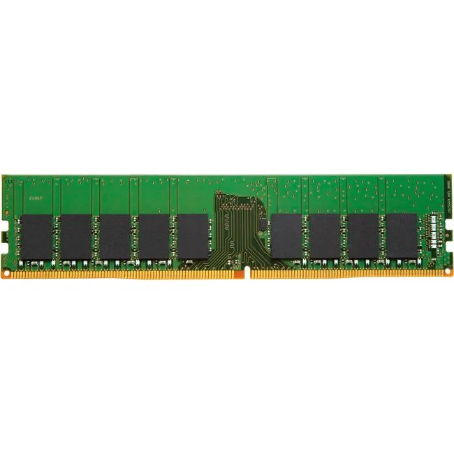 Green rectangular DDR4 DIMM with black chips, 288 gold pins, white label, 16GB ECC unbuffered module
