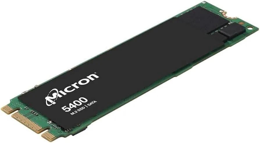 Green M.2 22 by 80 millimetre SATA SSD with black label