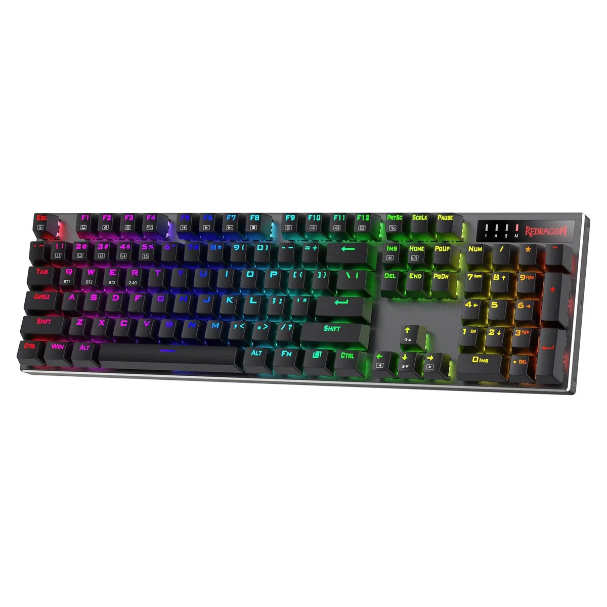 Black full-size aluminium mechanical keyboard with RGB backlighting, 104 keys, hot-swap red switches, wireless dongle and USB-C cable
