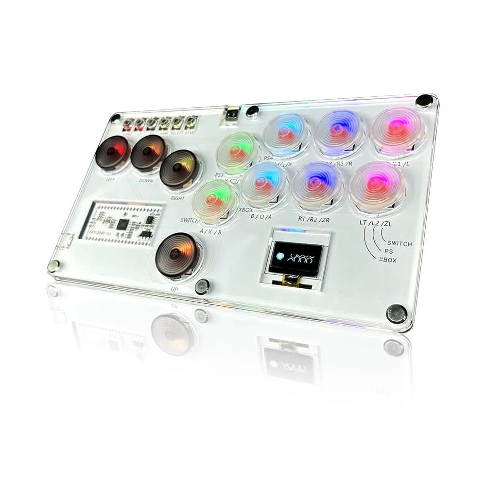 Transparent acrylic leverless arcade stick with twelve buttons and RGB lighting